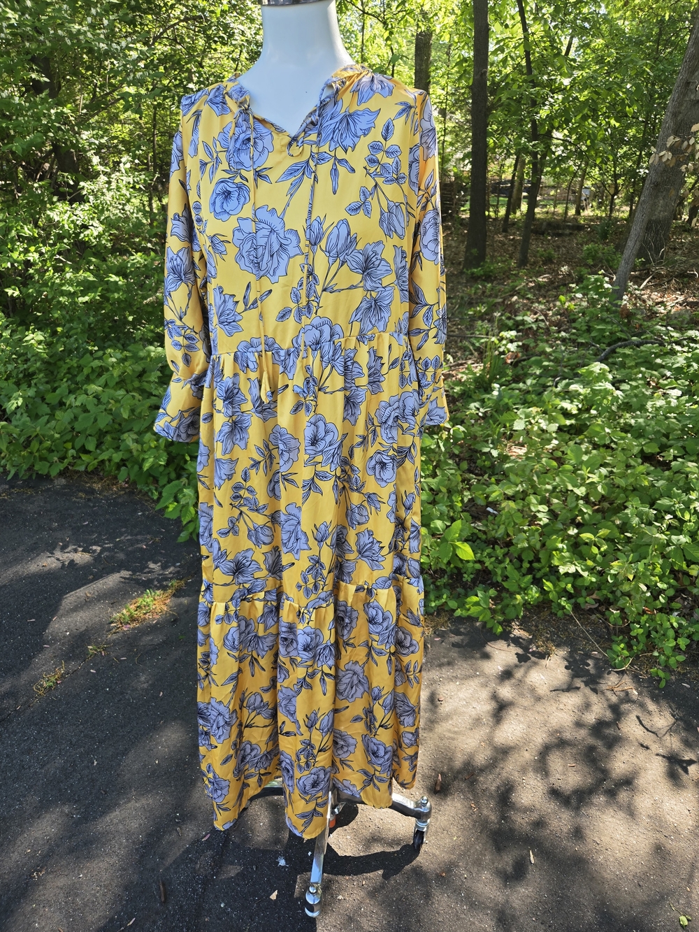 Yellow Floral Maxi Dress with Blue Floral Print - Women
